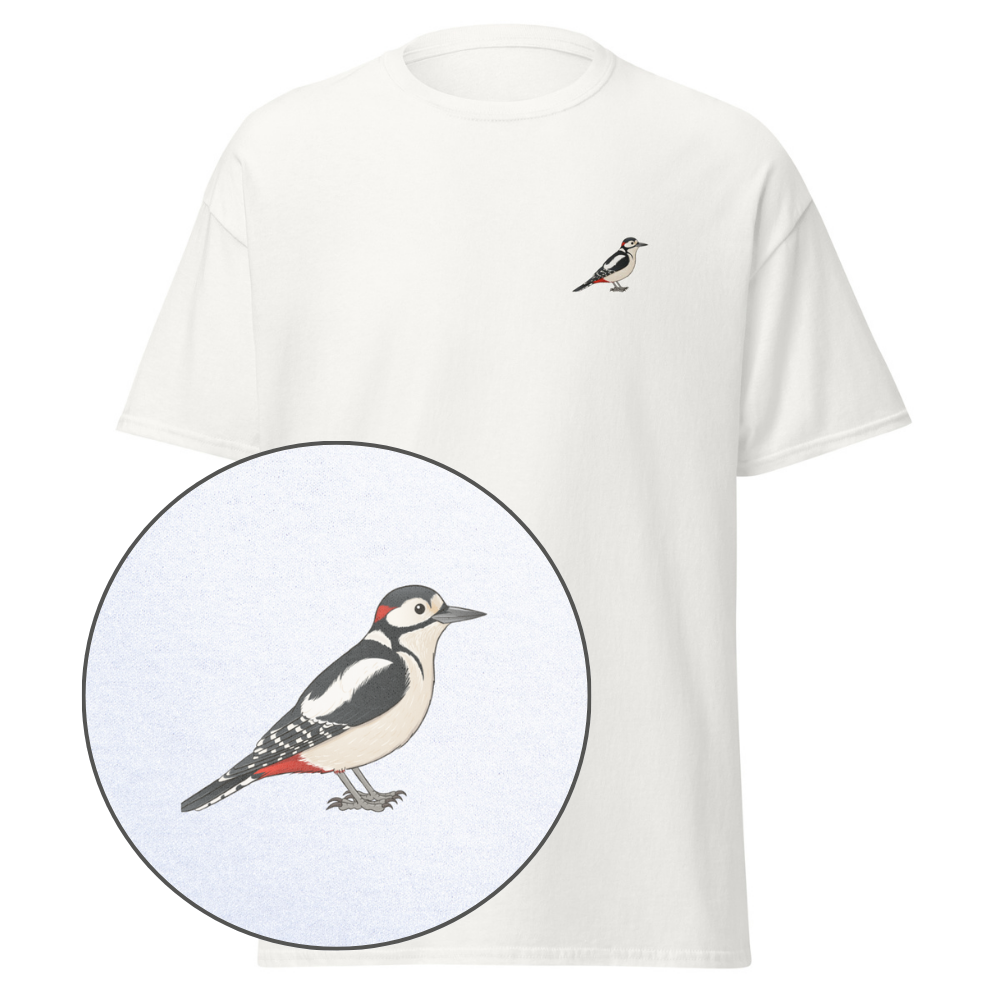 Birdex white default mockup - Great Spotted Woodpecker Unisex Tee