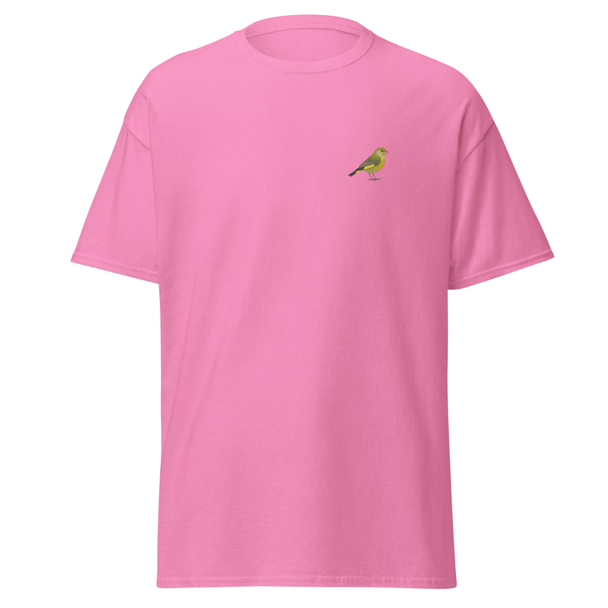 Greenfinch unisex bird T-shirt in Azalea