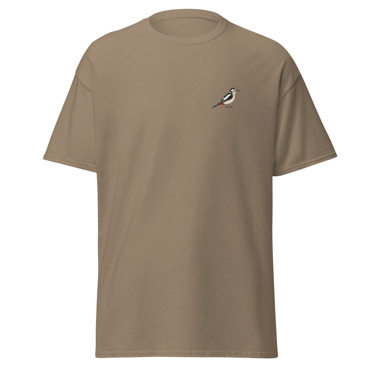 Great Spotted Woodpecker unisex bird T-shirt in Brown Savana