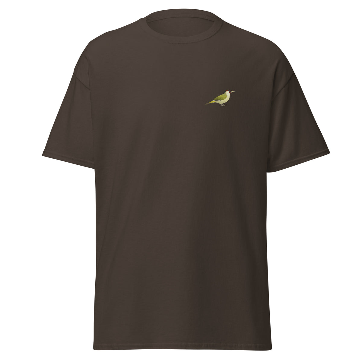 Green Woodpecker unisex bird T-shirt in Dark Chocolate