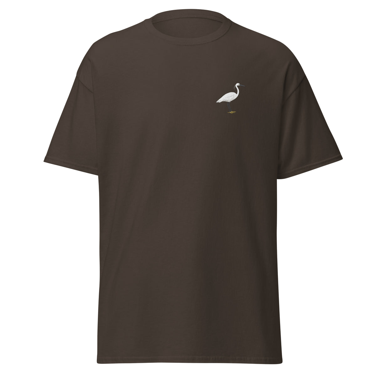 Little Egret unisex bird T-shirt in Dark Chocolate