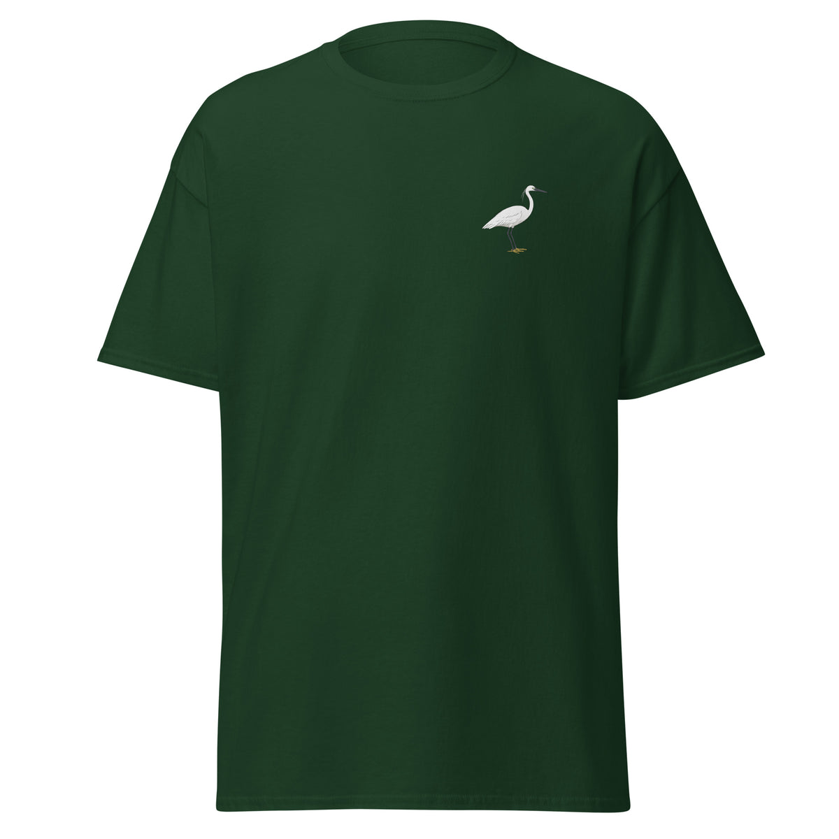 Little Egret unisex bird T-shirt in Forest Green