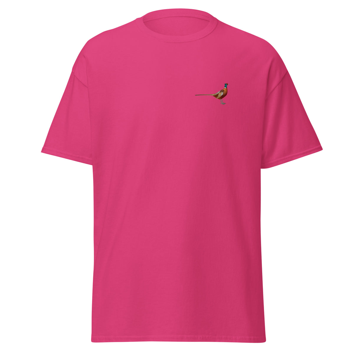 Pheasant unisex bird T-shirt in Heliconia