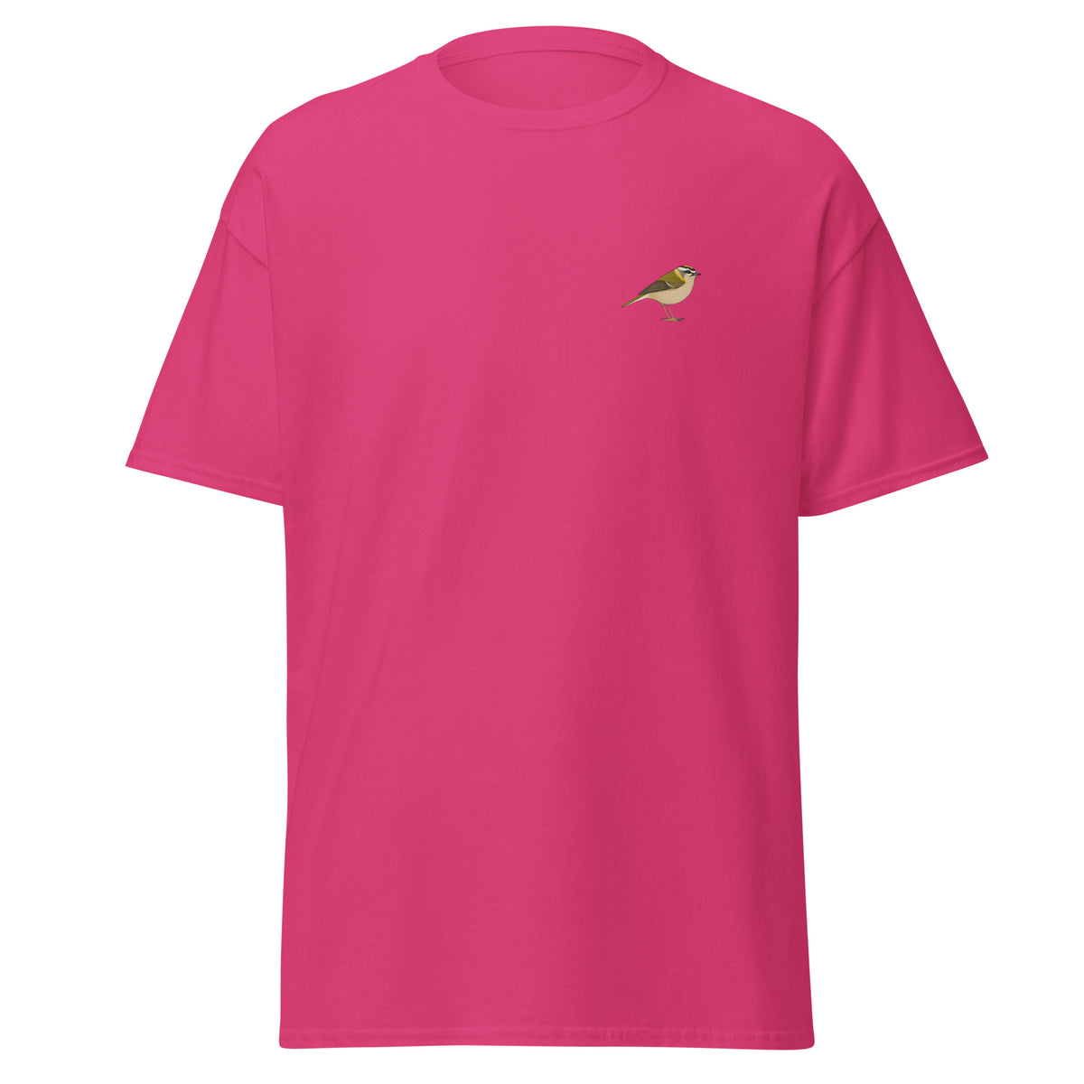 Firecrest unisex bird T-shirt in Heliconia