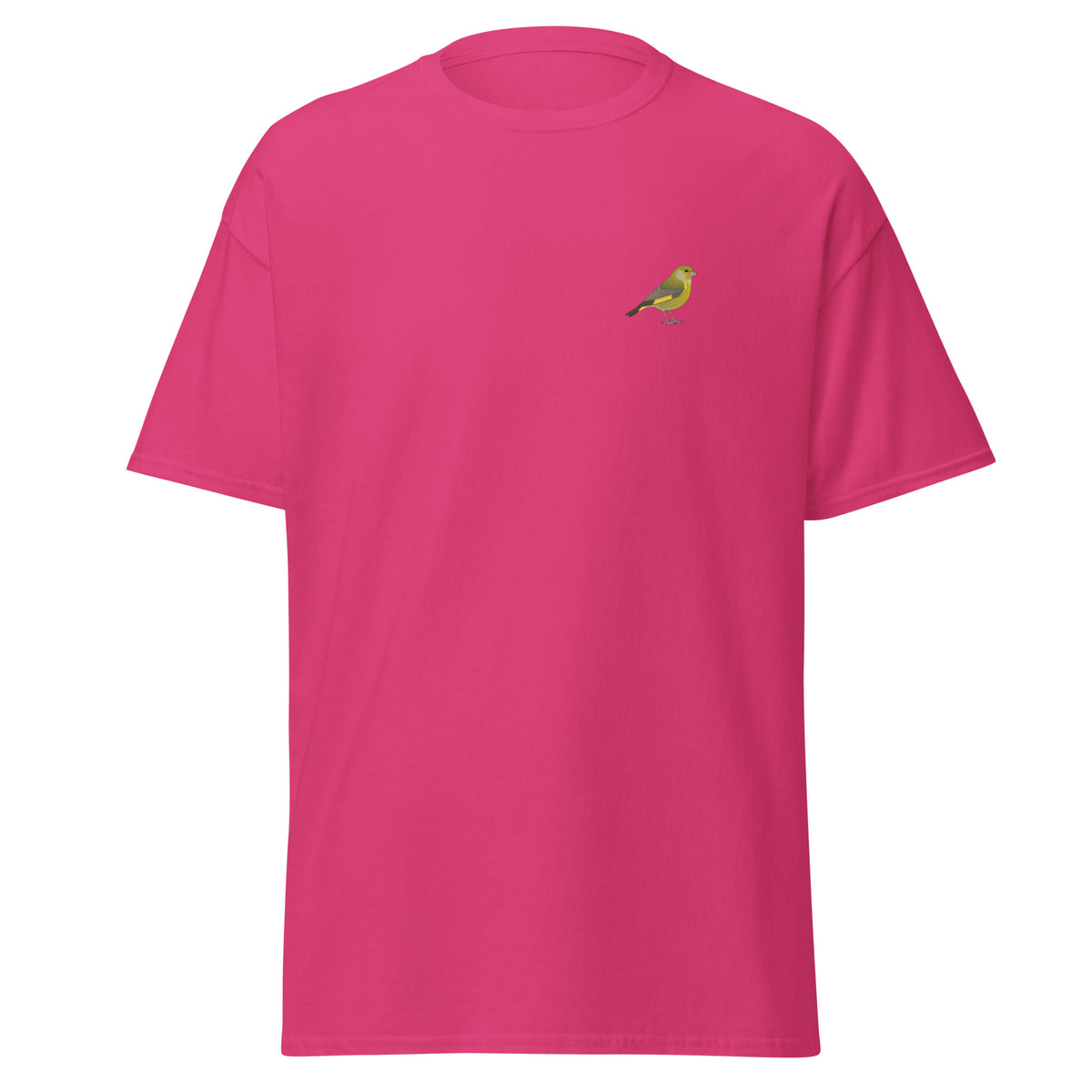 Greenfinch unisex bird T-shirt in Heliconia