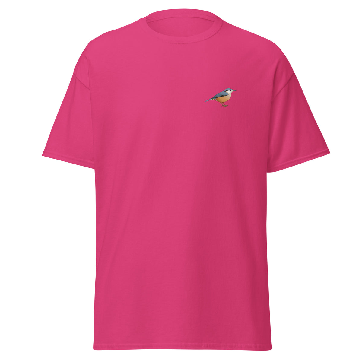 Nuthatch unisex bird T-shirt in Heliconia
