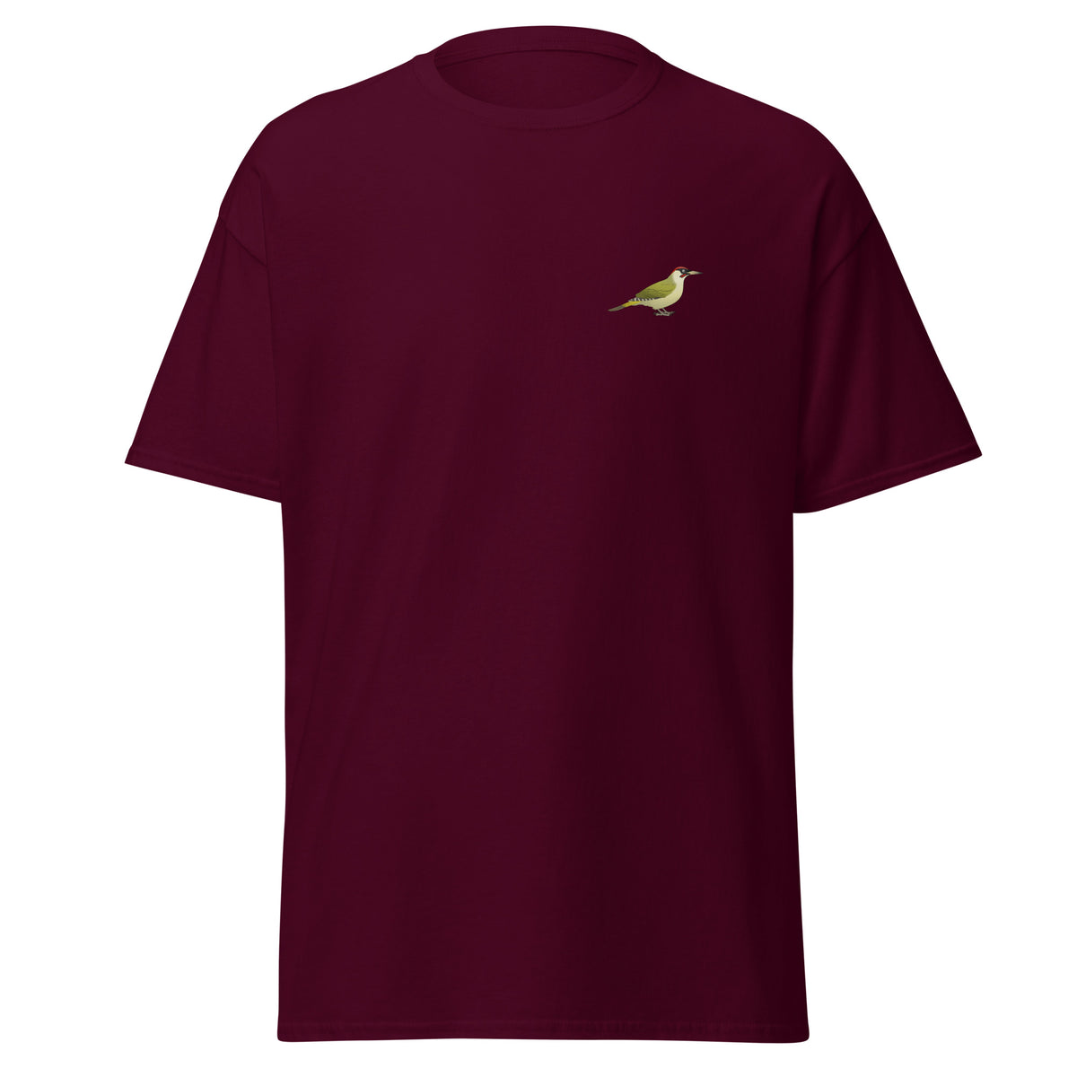 Green Woodpecker unisex bird T-shirt in Maroon