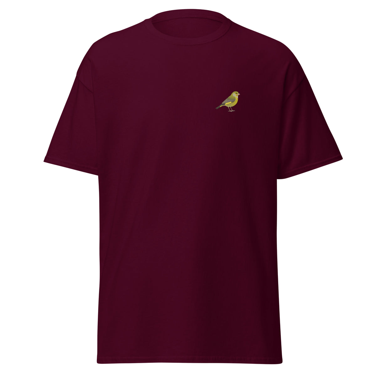 Greenfinch unisex bird T-shirt in Maroon