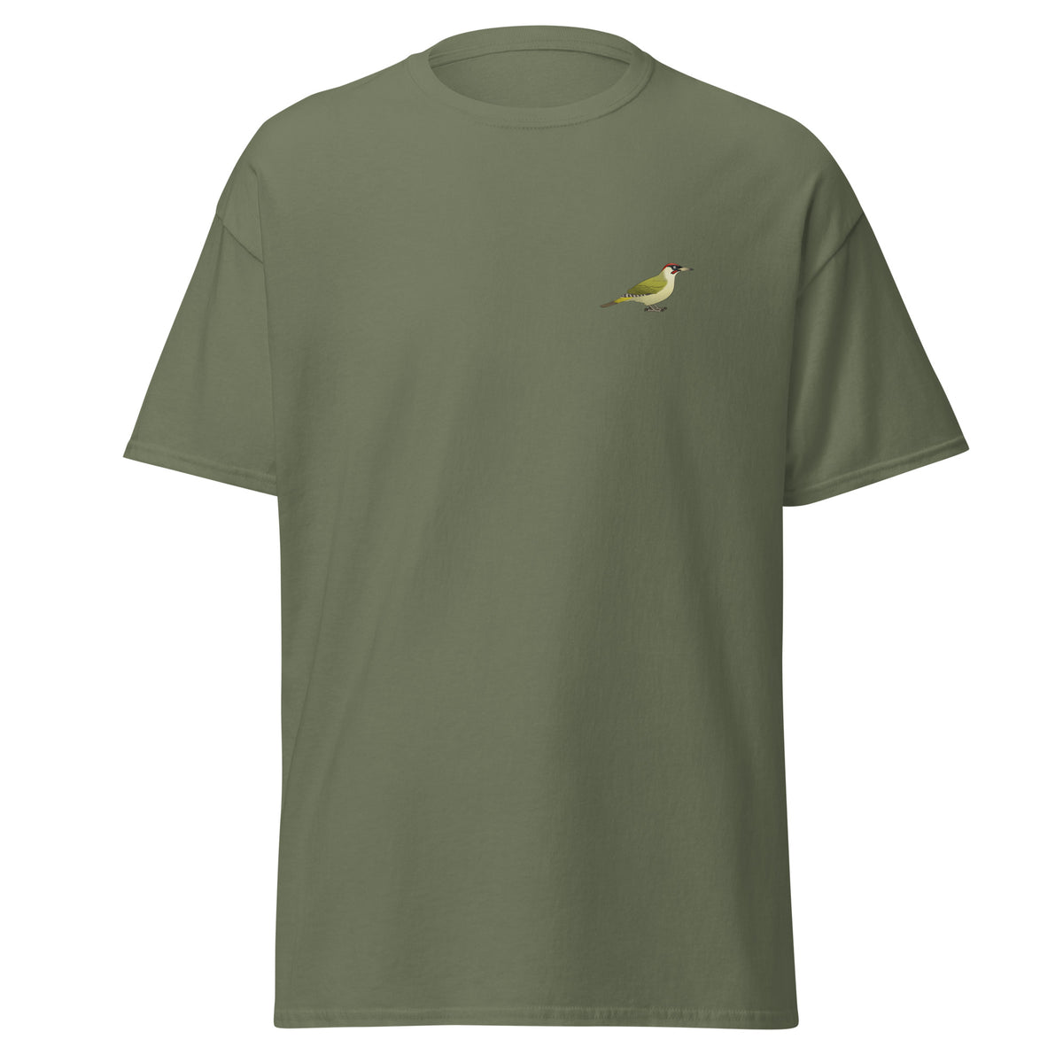 Green Woodpecker unisex bird T-shirt in Military Green