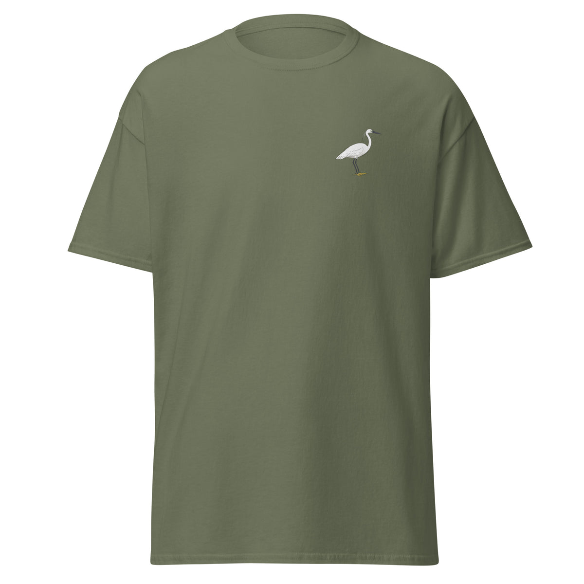 Little Egret unisex bird T-shirt in Military Green