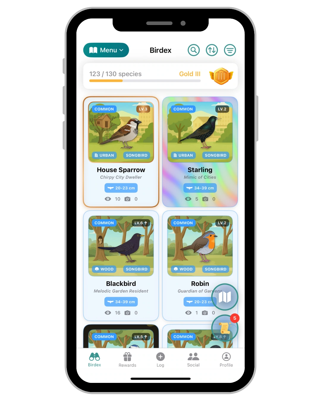 Birdex app showing a collection of bird cards