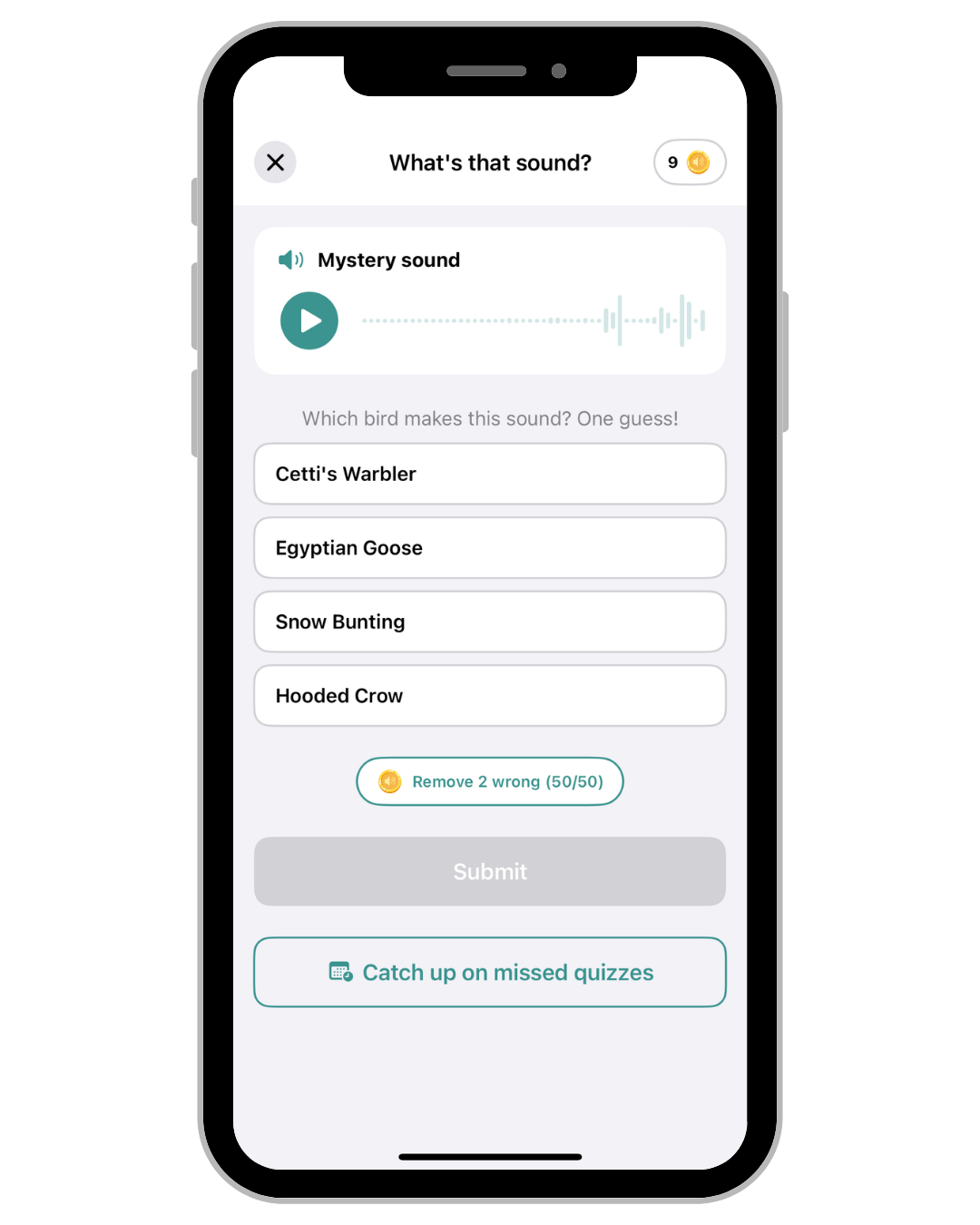 Birdex daily sound quiz interface asking what's that sound